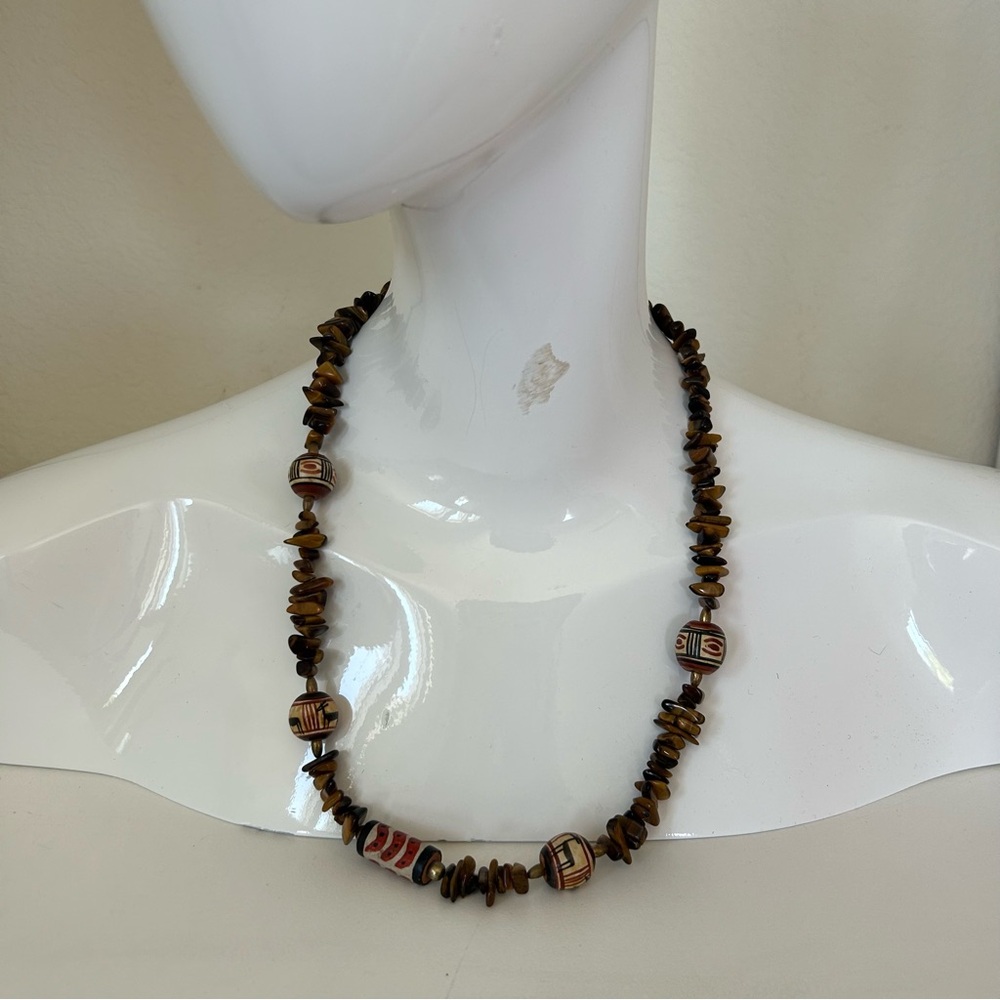Vintage Tiger Eye and Hand Painted Wood Bead Necklace